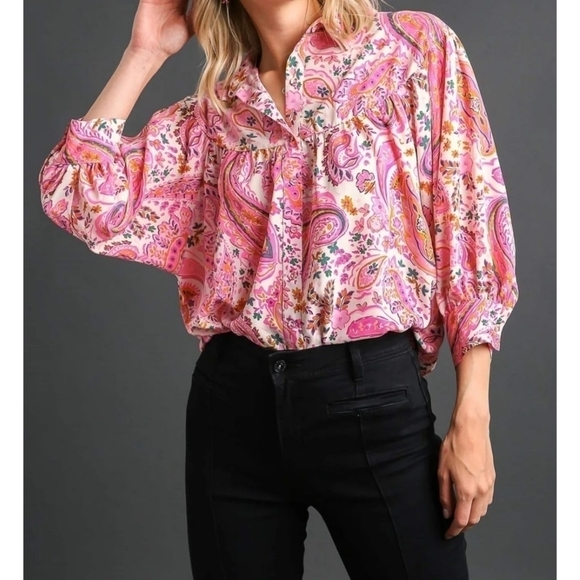 Umgee Tops - Umgee Pink Paisley Collared Button-Down Blouse Shirt Medium Lightweight